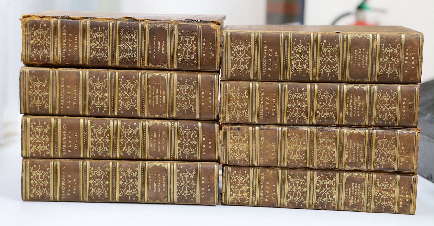 Shakespeare's plays, pub. 1803, eight leather-bound volumes, printed by T. Bensley for Wynne and Scholey, and J. Wallis